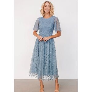 Baltic Born Kendra Embroidered Dress Dusty Blue Midi Size L NWT Wedding Party